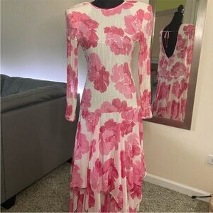 A.J. Bari 1980s Pink and White Sequin Floral Long Sleeve Dress, 4